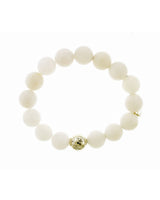 White Lustora Bianca Stretch Bracelet with White Jade stones and silver bead accent on a white background