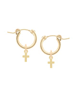 14k Gold-Filled Cross Charm Mini Huggie Hoops on a White Background