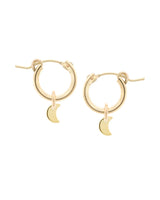 14k Gold-Filled Moon Charm Mini Huggie Hoops on a White Background