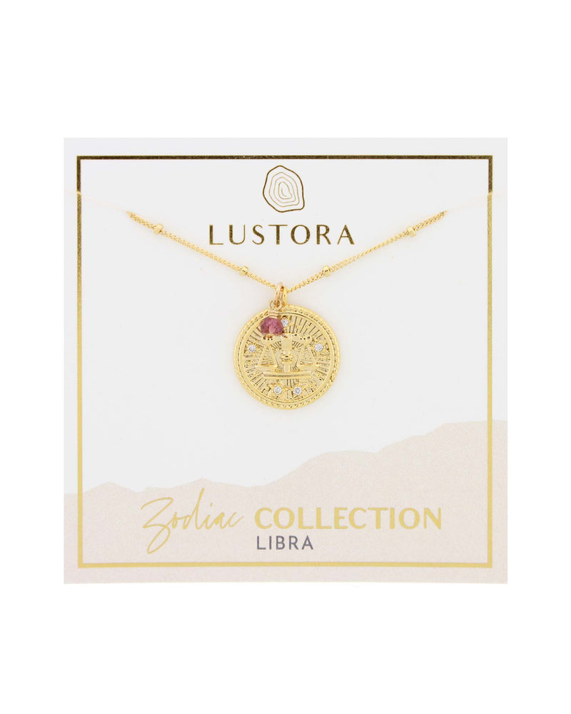 Libra Zodiac Necklace with Tourmaline Gemstone on Packaging Card