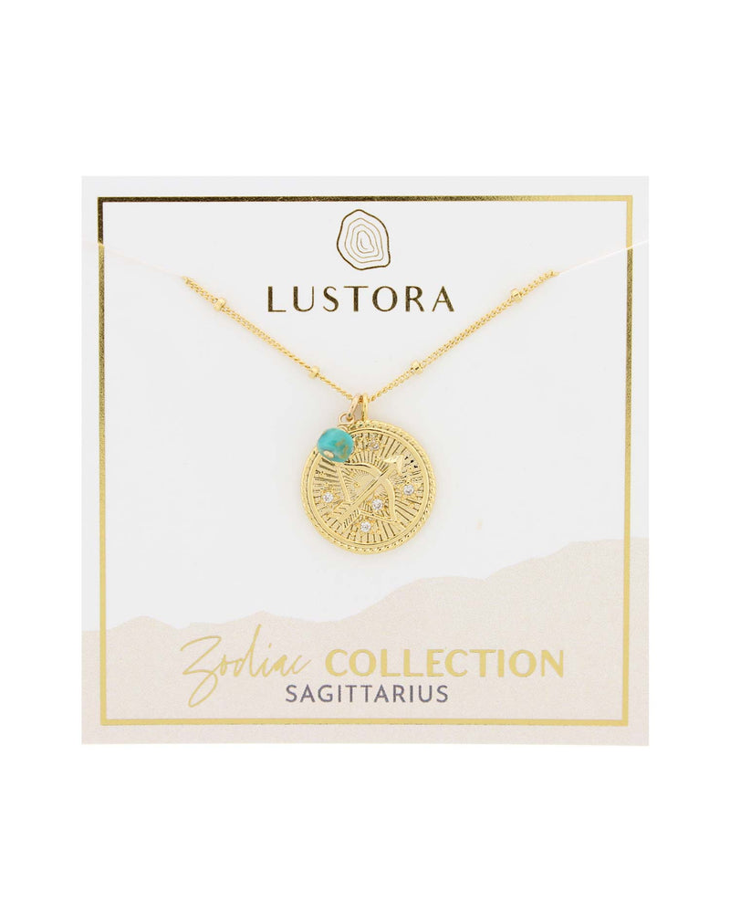 Sagittarius Zodiac Necklace with Turquoise Gemstone on Packaging Card