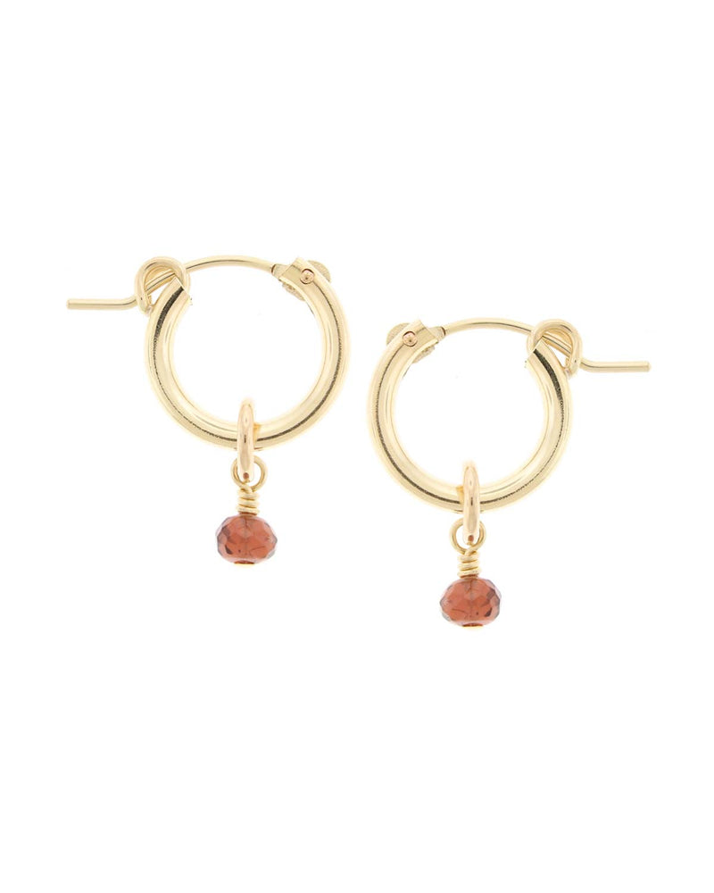 14k Gold-Filled Mini Huggie Hoops with Gemstone Charm on a White Background