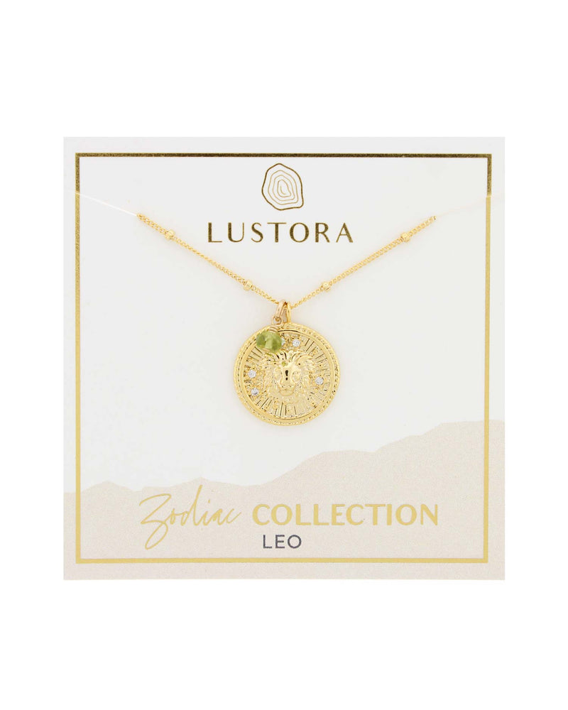 Leo Zodiac Necklace with Peridot Gemstone on Packaging Card