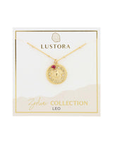 Leo Zodiac Necklace with Ruby Gemstone on Packaging Card