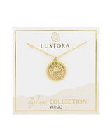 Virgo Zodiac Necklace with Peridot Gemstone on Packaging Card