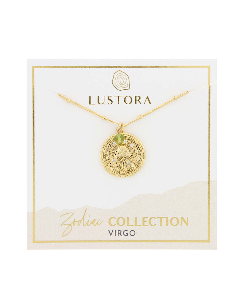 Virgo Zodiac Necklace with Peridot Gemstone on Packaging Card