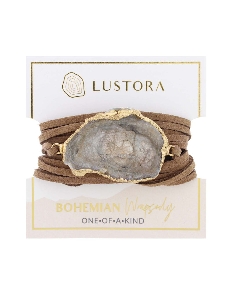 Bohemian Wrapsody Geode Brown Vegan Suede Wrap on a Packaging Card