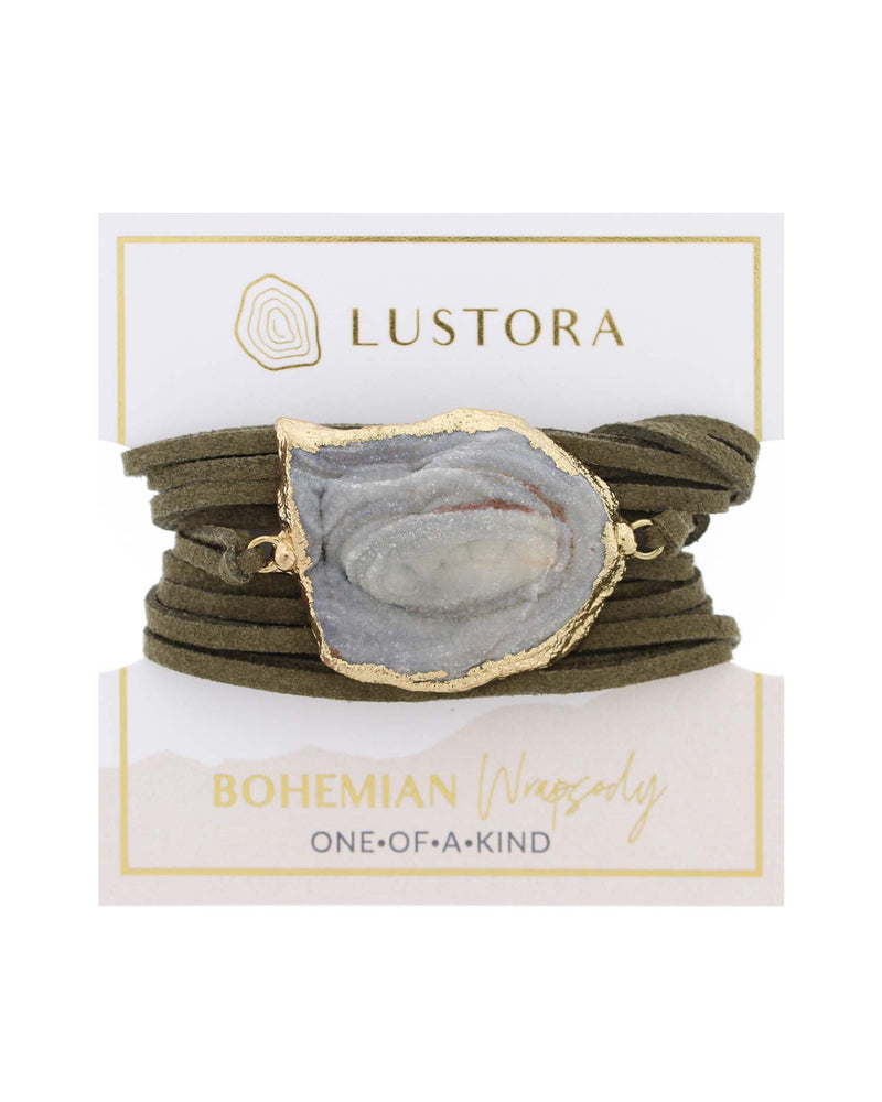 Bohemian Wrapsody Geode Olive Green Vegan Suede Wrap on a Packaging Card