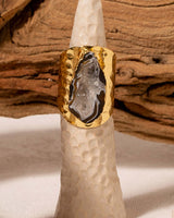 Close up of a Black Geode Cigar Ring on a Ring Stand with a Branch in the Background