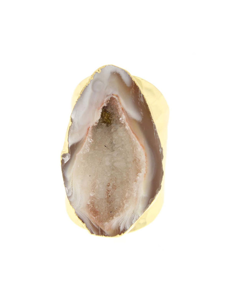 Front View of a Natural Geode Cigar Ring on a White Background