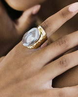 Close up of a Model Wearing a Natural Geode Cigar Ring