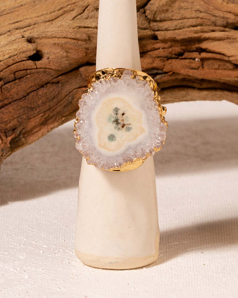 Close up of a Solar Quartz Cigar Ring on a Ring Stand with a Branch in the Background