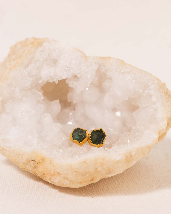 Emerald Post Earrings on a Geode