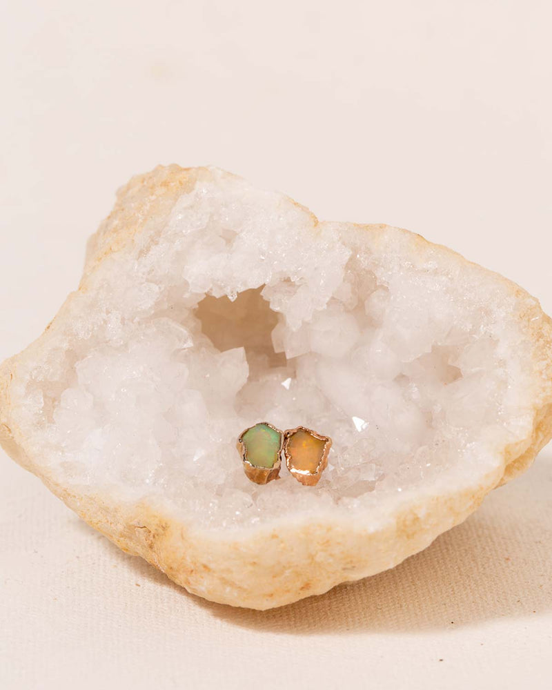 Fire Opal Post Earrings on a Geode