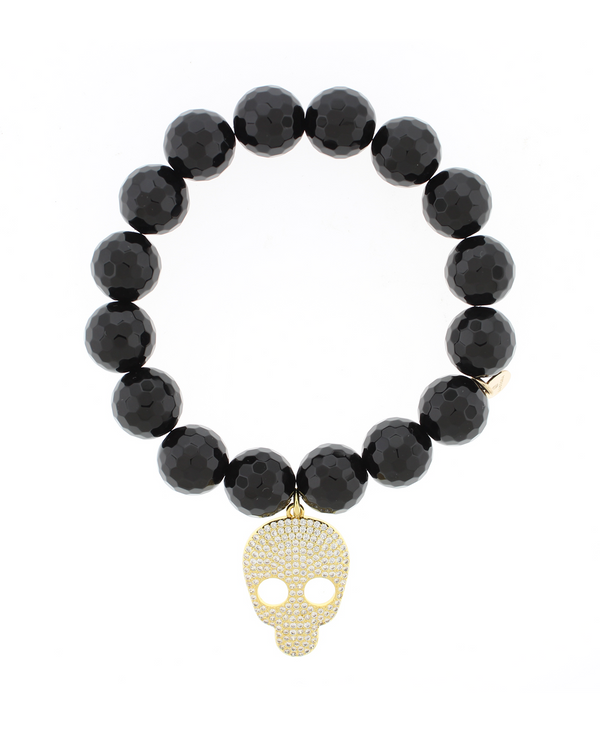 18k gold-plated skull charm bracelet with faceted black onyx beads