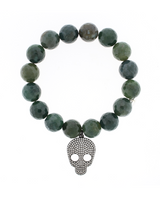 Gunmetal-plated skull charm bracelet with faceted botanical moss beads