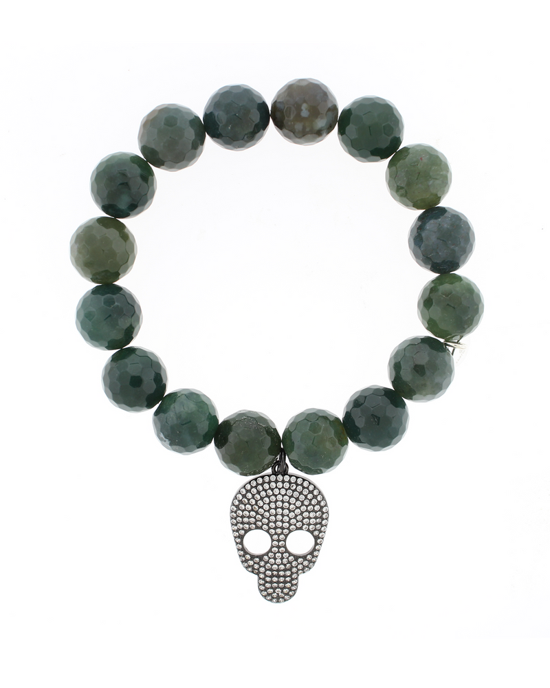 Gunmetal-plated skull charm bracelet with faceted botanical moss beads