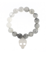 Silver-plated skull charm bracelet with faceted cloudy gray quartz beads