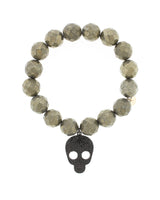 Gunmetal-plated skull charm bracelet with faceted pyrite beads