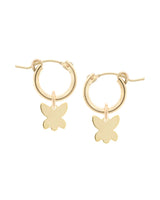 14k Gold-Filled Butterfly Charm Mini Huggie Hoops on a White Background