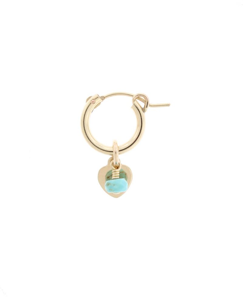 14k gold-filled Mini Huggie Hoop with Turquoise Gemstone and Heart Charm on a White Background
