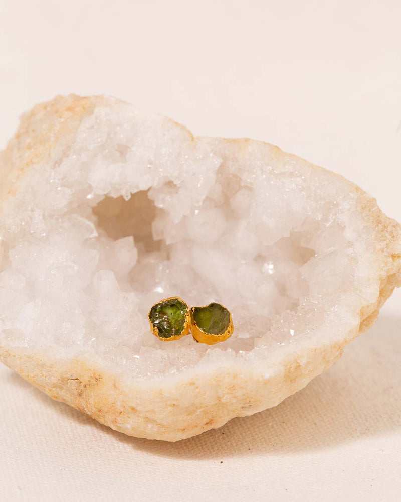 Peridot Post Earrings on a Geode