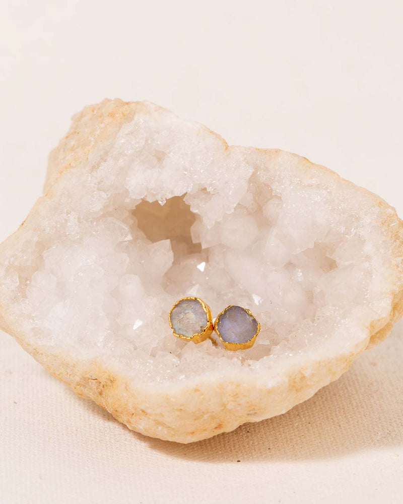 Rainbow Moonstone Post Earrings on a Geode