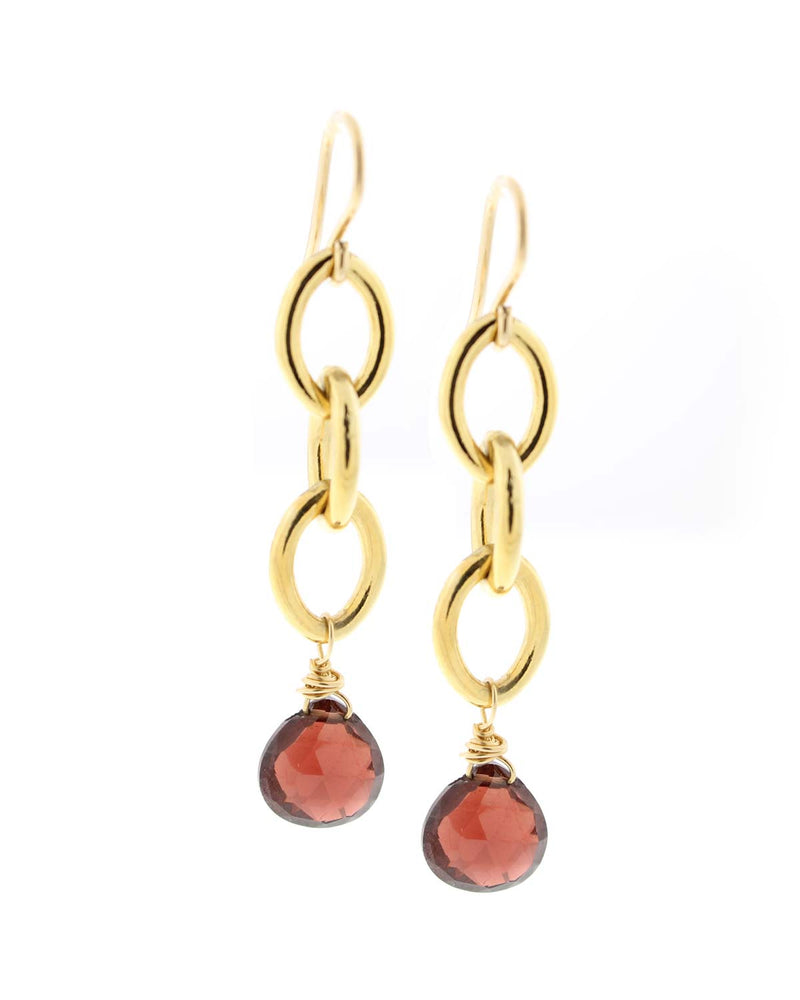 14k Gold-Filled Heavy Link Cable Chain Earrings With a Garnet Charm on a White Background