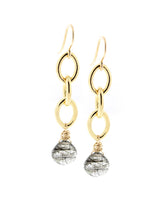 14k Gold-Filled Heavy Link Cable Chain Earrings With a Tourmalinated Quartz Charm on a White Background