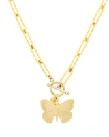 Lustora 14k gold butterfly pendant necklace on a white background